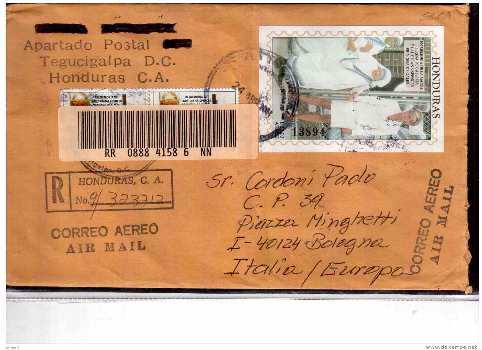 AV586    -     Honduras   POSTAL HISTORY        /      REGISTERED    AIR MAIL  LETTER TO   ITALY - Honduras