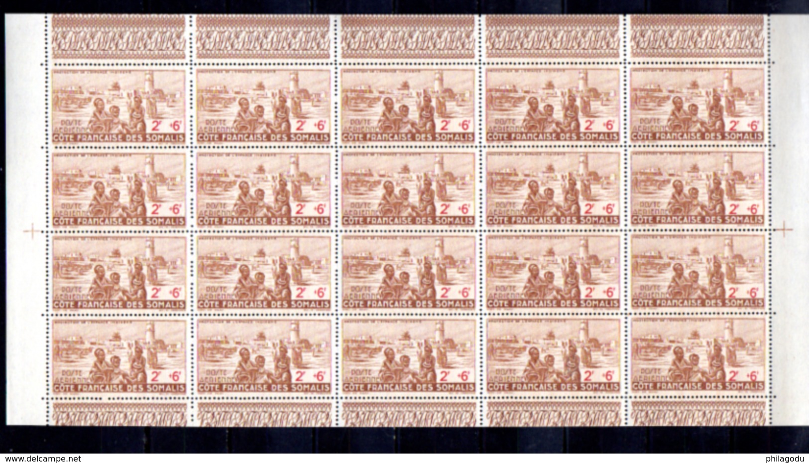 Côte Des Somalis 1942, Protection De L'enfance Indigène, 8 / 9** En Feuille De 20, Cote 69 &euro;, - 1942 Protection De L'Enfance Indigène & Quinzaine Impériale (PEIQI)