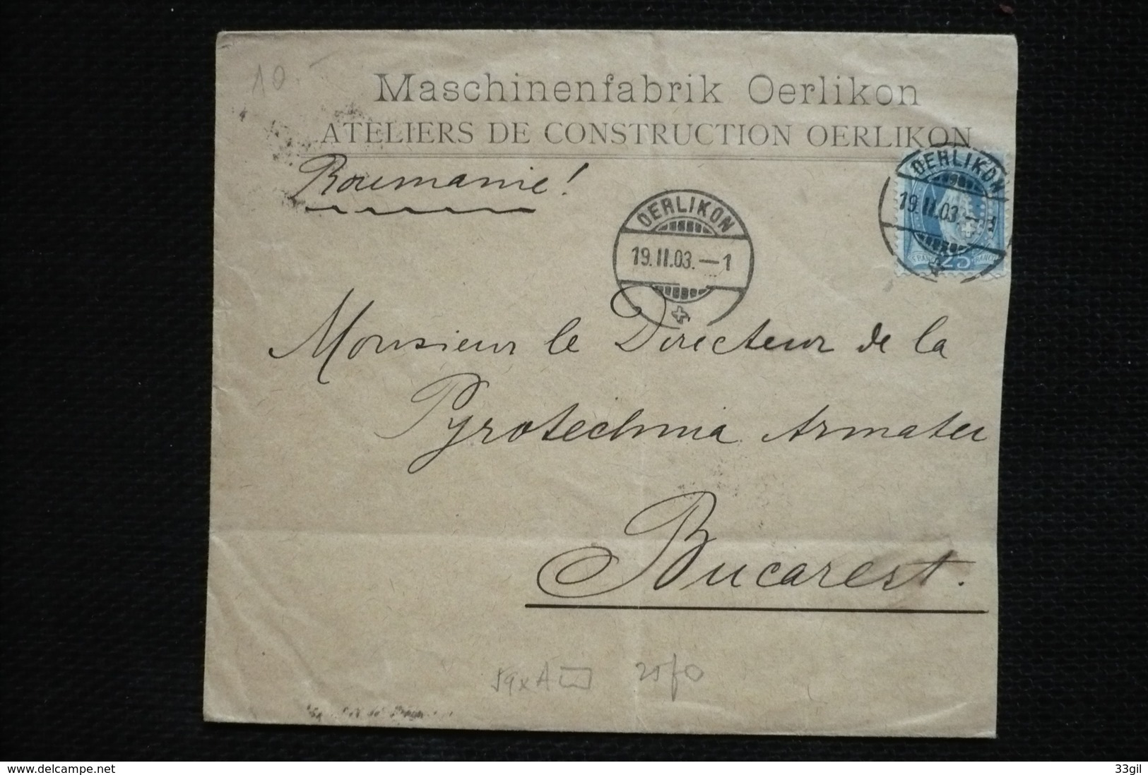 Perfin Suisse  Perforé Lochung M Sur Lettre Pour Bucarest Oerlikon 1903 - Gezähnt (perforiert)