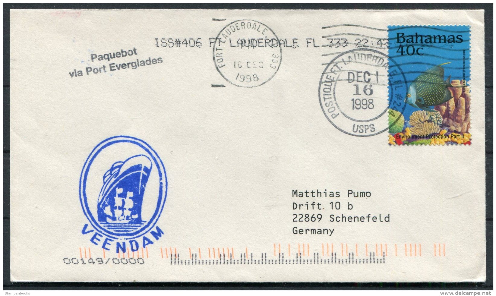 1998 Bahamas VEENDAM Netherlands Ship Cover. Everglades Port Paquebot. Fort Lauderdale, USA - Bahamas (1973-...)