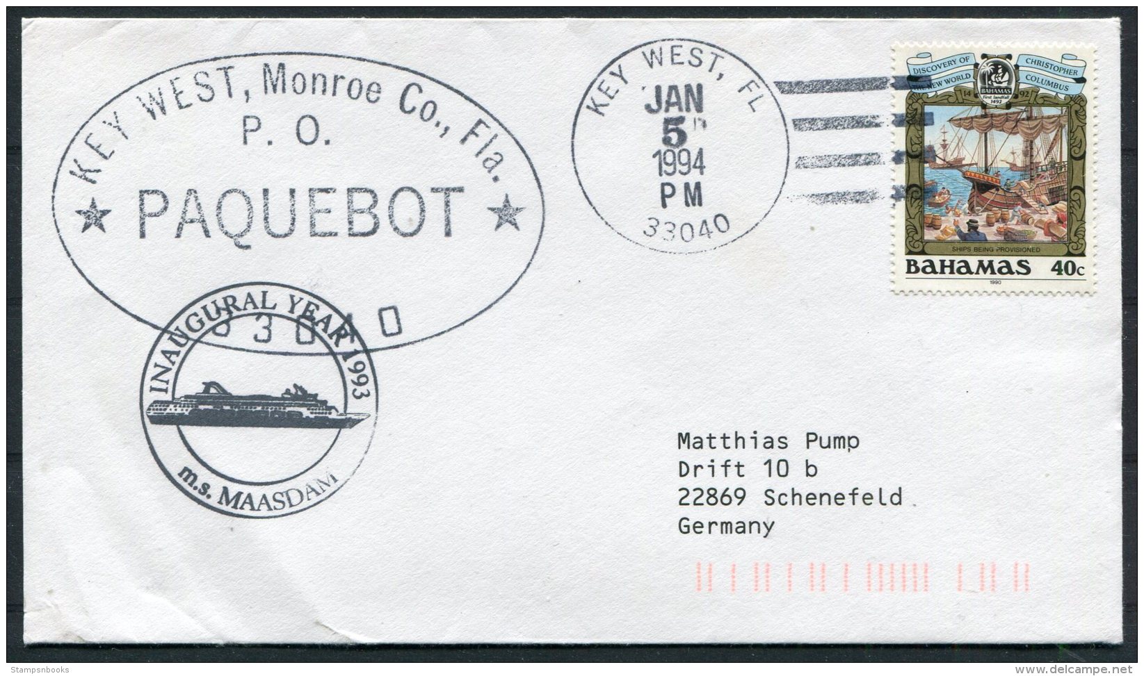 1994 Bahamas MS MAASDAM, Holland - America Line Ship Cover. Key West,Florida, USA Paquebot - Bahamas (1973-...)