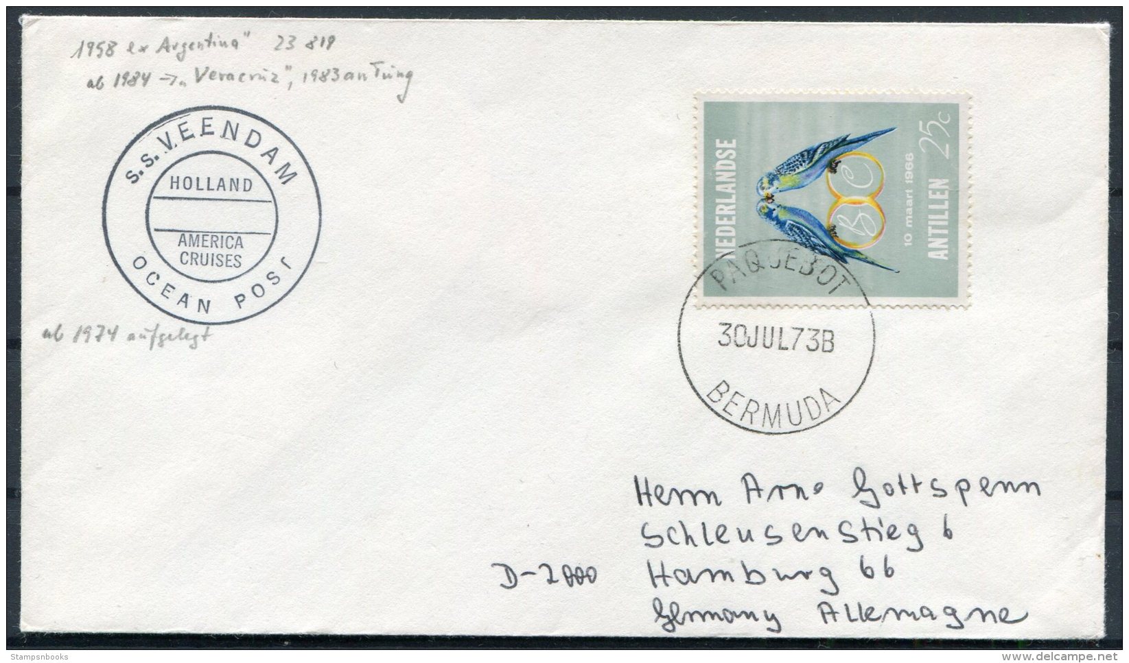 1973 Dutch Antillies / Nederlandse Antillen S.S. VEENDAM Ocean Post. Bermuda PAQUEBOT Holland - America Line Ship Cover - Curacao, Netherlands Antilles, Aruba