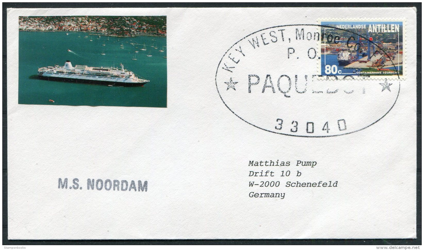 Dutch Antillies / Nederlandse Antillen. M.S. NOORDAM, Key West, Florida, USA PAQUEBOT Ship Cover. - Curacao, Netherlands Antilles, Aruba