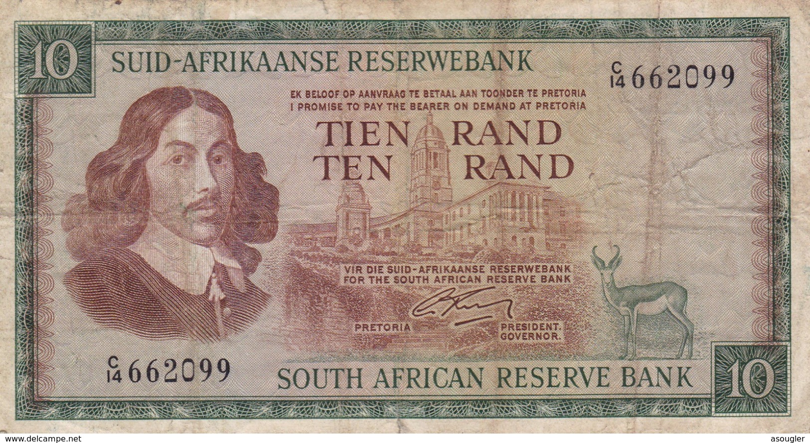 SOUTH AFRICA 10 RAND ND (1966) P-114a VG-F "free Shipping Via Registered Air Mail" - Suráfrica