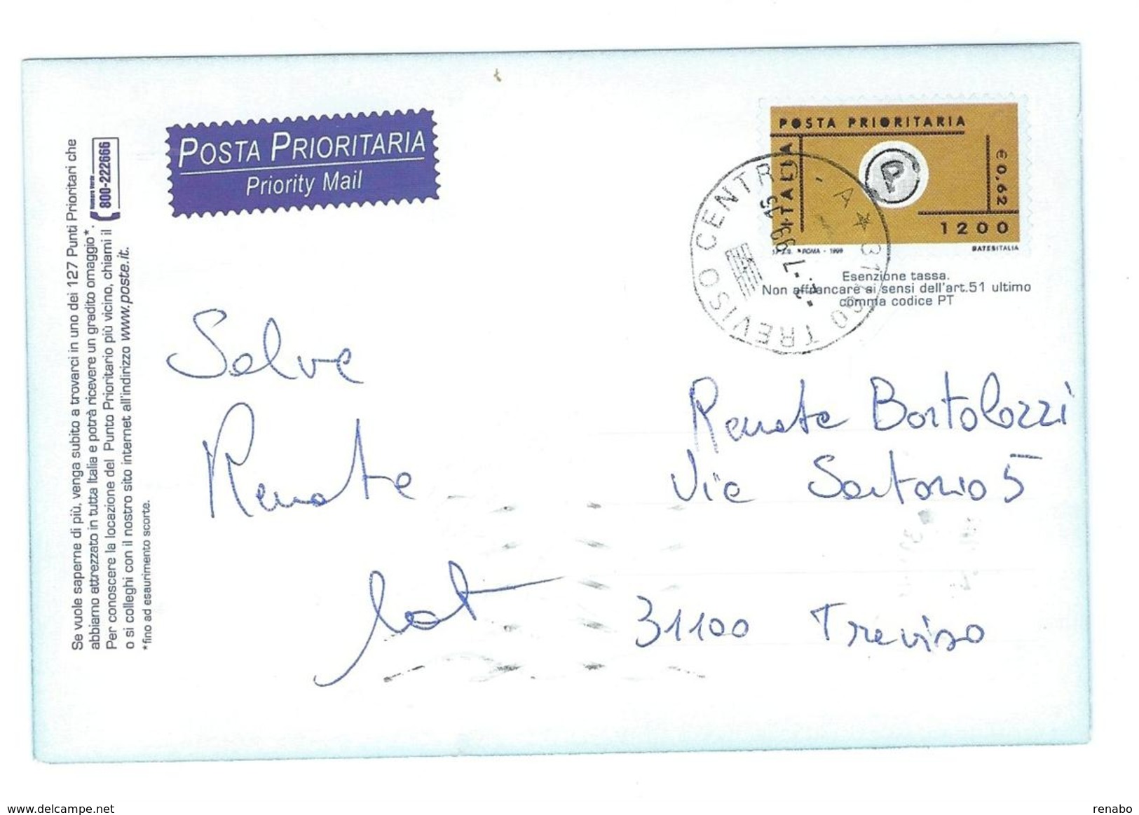 Italia 1999; Intero Postale Dove è Stampato Il Primo Francobollo Di Posta Prioritaria Da &euro; 0,62.Storia Postale Viag - Entiers Postaux