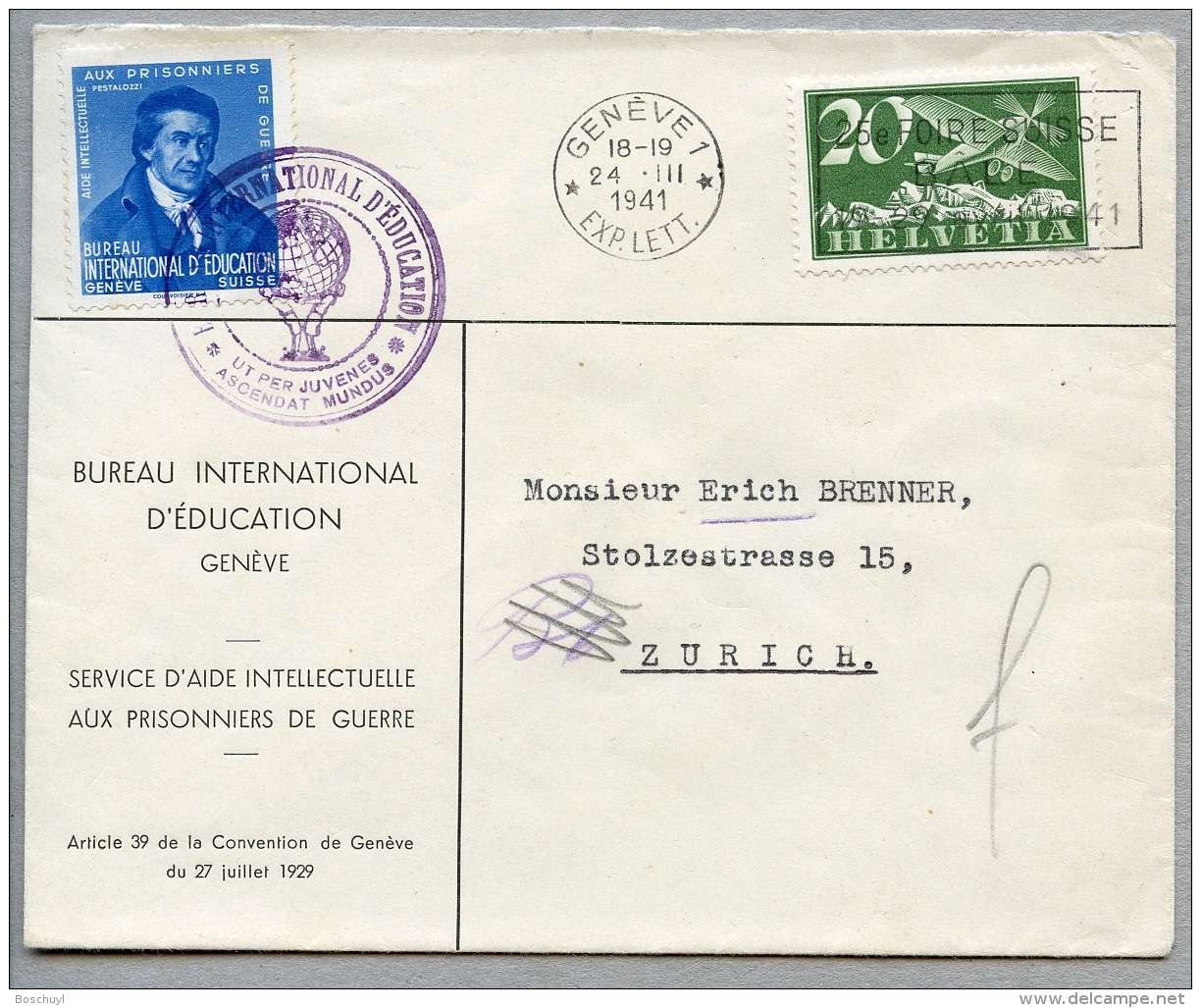 Switzerland, International Education Bureau, IEB, BIE, United Nations, 1941, Service Cover With Pestalozzi Label - Service