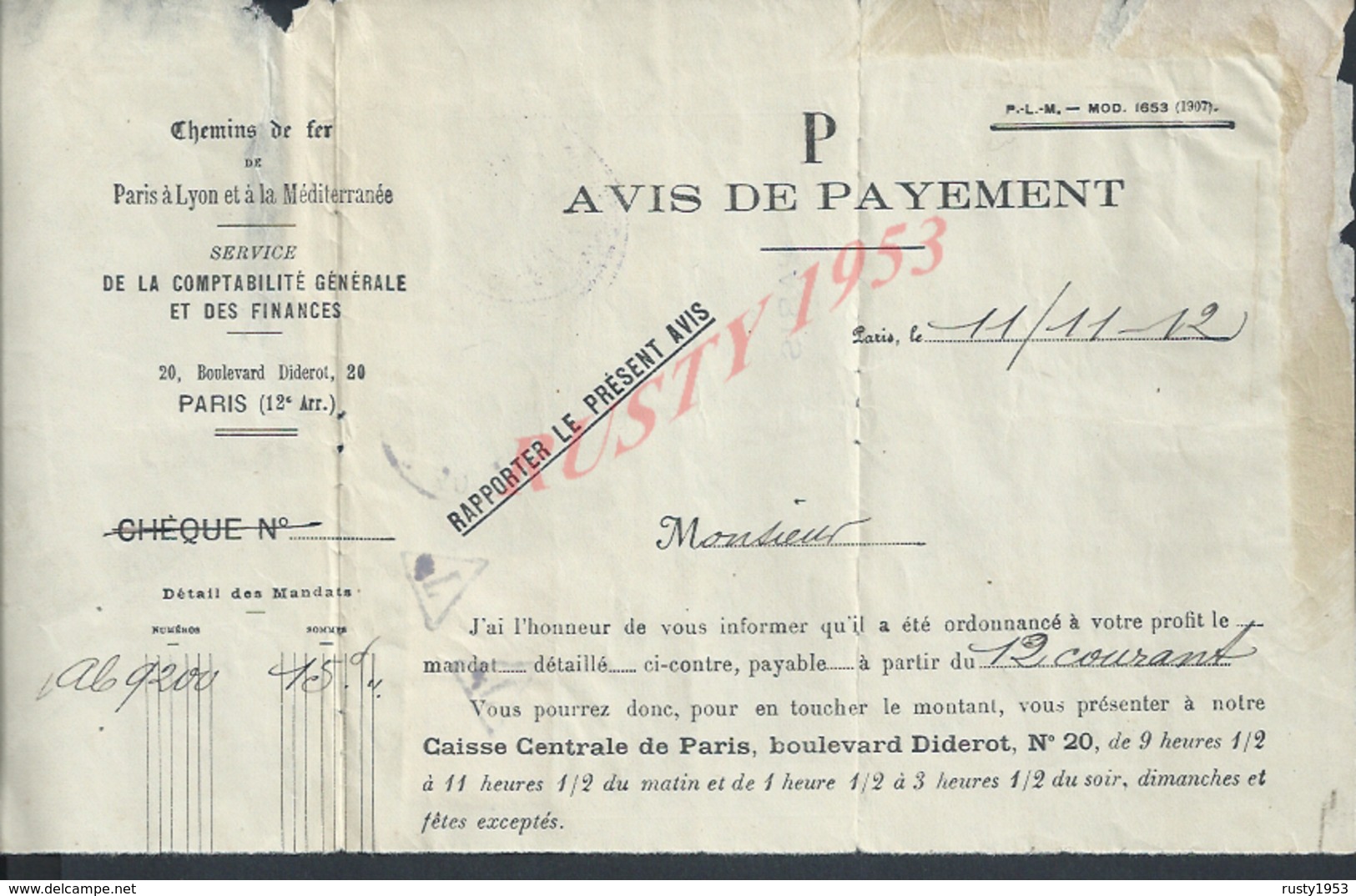 FRANCE LETTRE TIMBRES TAXES CACHET CEMINS DE FER OB PARIS RUE DIDEROT & PARIS DISTRIBUTION POUR BERCY AVIS DE PAYEMENT - Autres & Non Classés