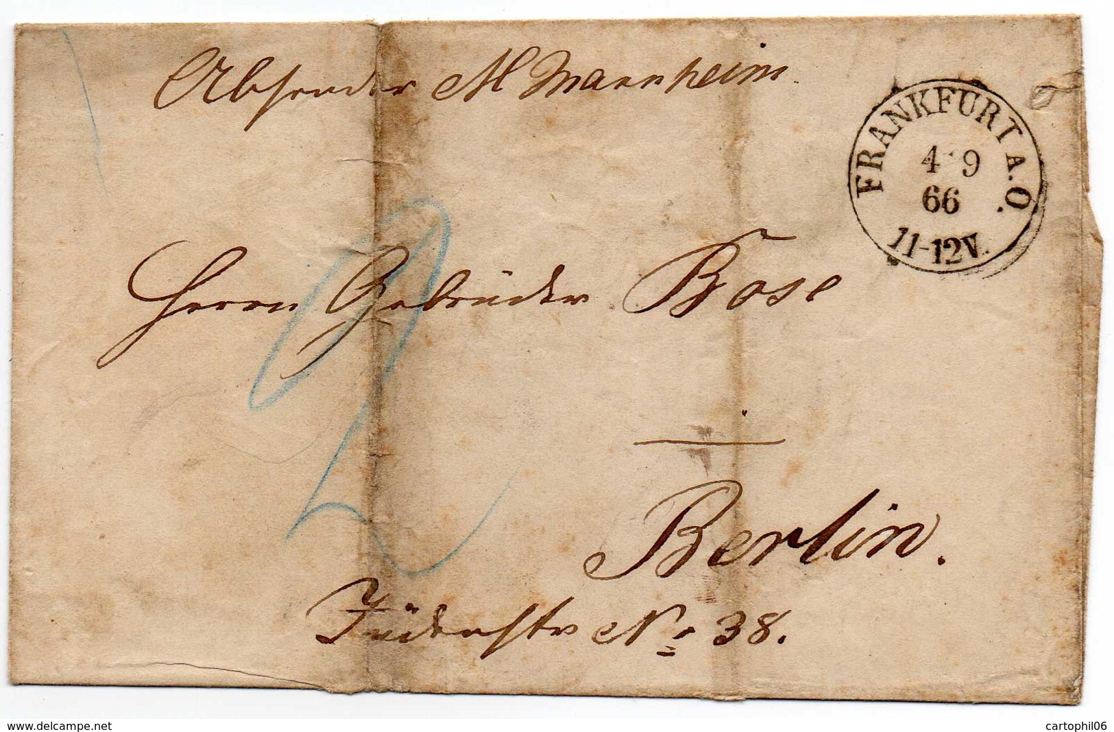 - ALLEMAGNE - Lettre FRANKFURT Pour BERLIN 4.9.1866 - Taxe Manuscrite 2 - A ETUDIER - - Sonstige & Ohne Zuordnung