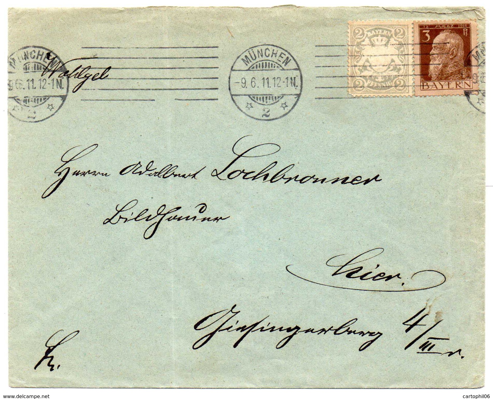 - ALLEMAGNE / BAVIERE - Lettre MÜNCHEN Pour TRIER 9.6.1911 - 2 P. Gris Armoiries + 3 P. Brun Luitpold - A ETUDIER - - Other & Unclassified