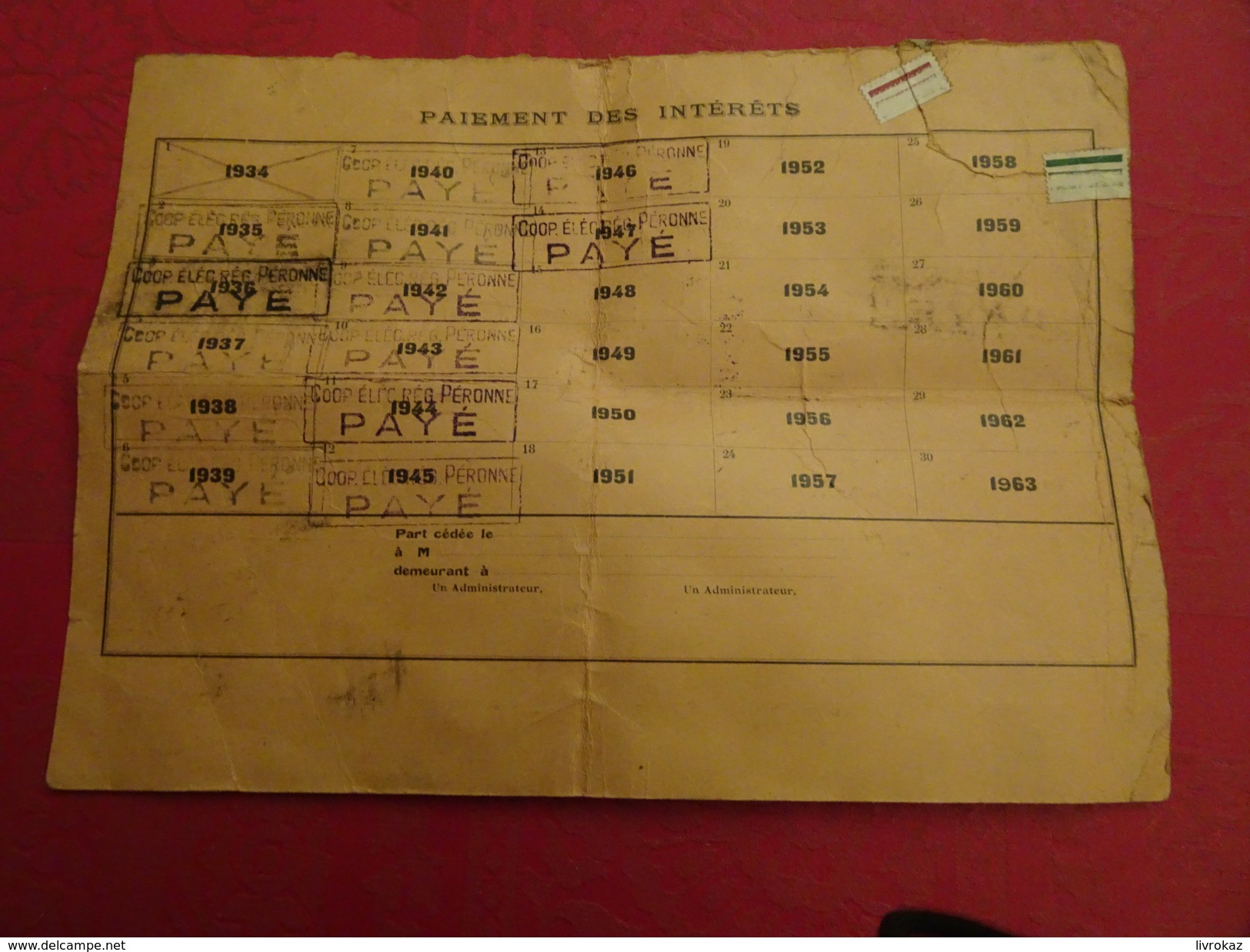 Société D'intérêt Collectif Agricole D'électricité De La Région De Péronne SICA Certificat De 2 Parts De 100 Francs 1935 - Electricité & Gaz