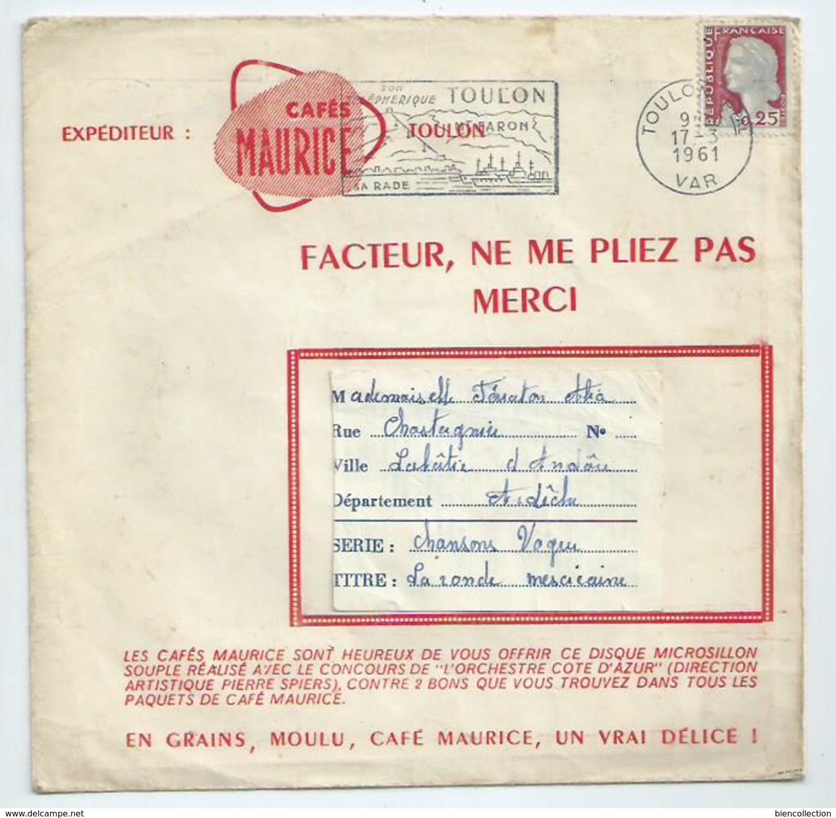 France Marianne De Decaris Sur Env Publicitaire Café Maurice Pour Disque 45 Tours De Toulon (Var) Pour L'Ardèche - 1961-....