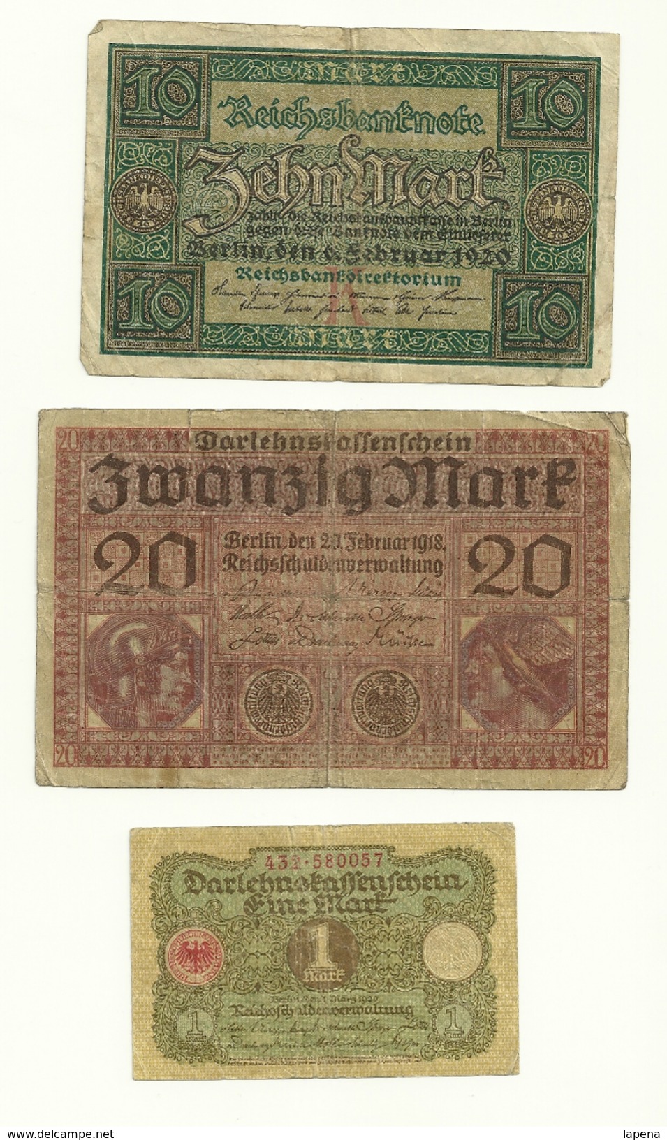 3 Billeres Alemania Usados 1 Mark 1920 10 Mark 1920 20 Mark 1918 - Andere & Zonder Classificatie