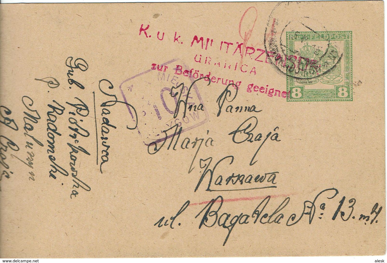 WARSZAWA - VARSOVIE K.u.K Militaire - Cachet Carré Violet 10 Fenygow - Poczta Miejska -Entier Autrichien Feldpost - Lettres & Documents