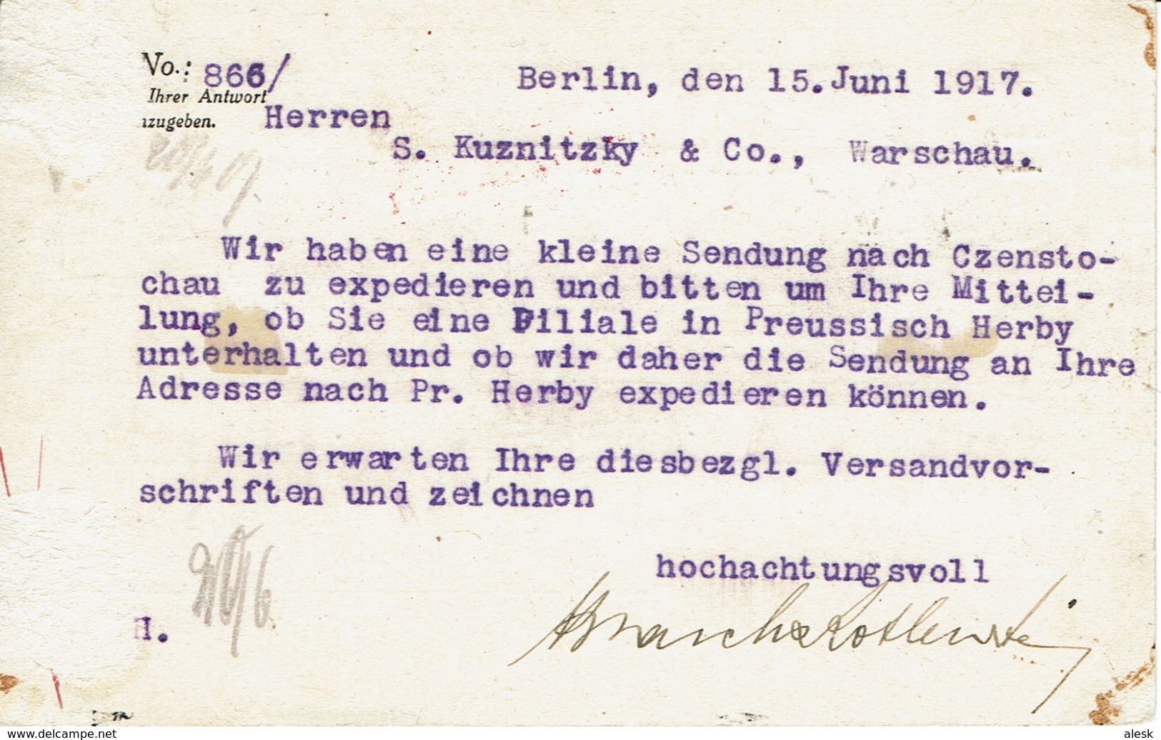 WARSZAWA - VARSOVIE Berlin 15 Juin 1917 Cachet Carré Rouge 7 Fenygow - Geprüft - Censure - Affr. Allemand - Lettres & Documents