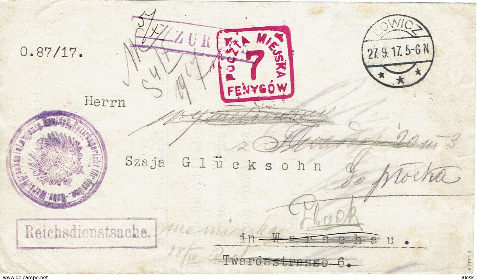 WARSZAWA VARSOVIE Lowicz 29 Septembre 1917 Poste Local Timbre-taxe Rouge 7 Fenygow (pfennig) Zurück - Reichsdienstsache - Briefe U. Dokumente