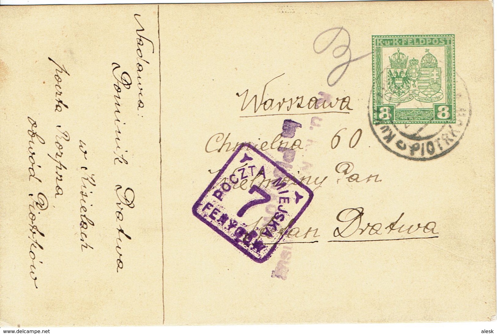 WARSZAWA - VARSOVIE 22 Mai 1917 Cachet Carré Violet 7 Fenygow - Entier Autrichien Feldpost - K.u.K Militer - Lettres & Documents