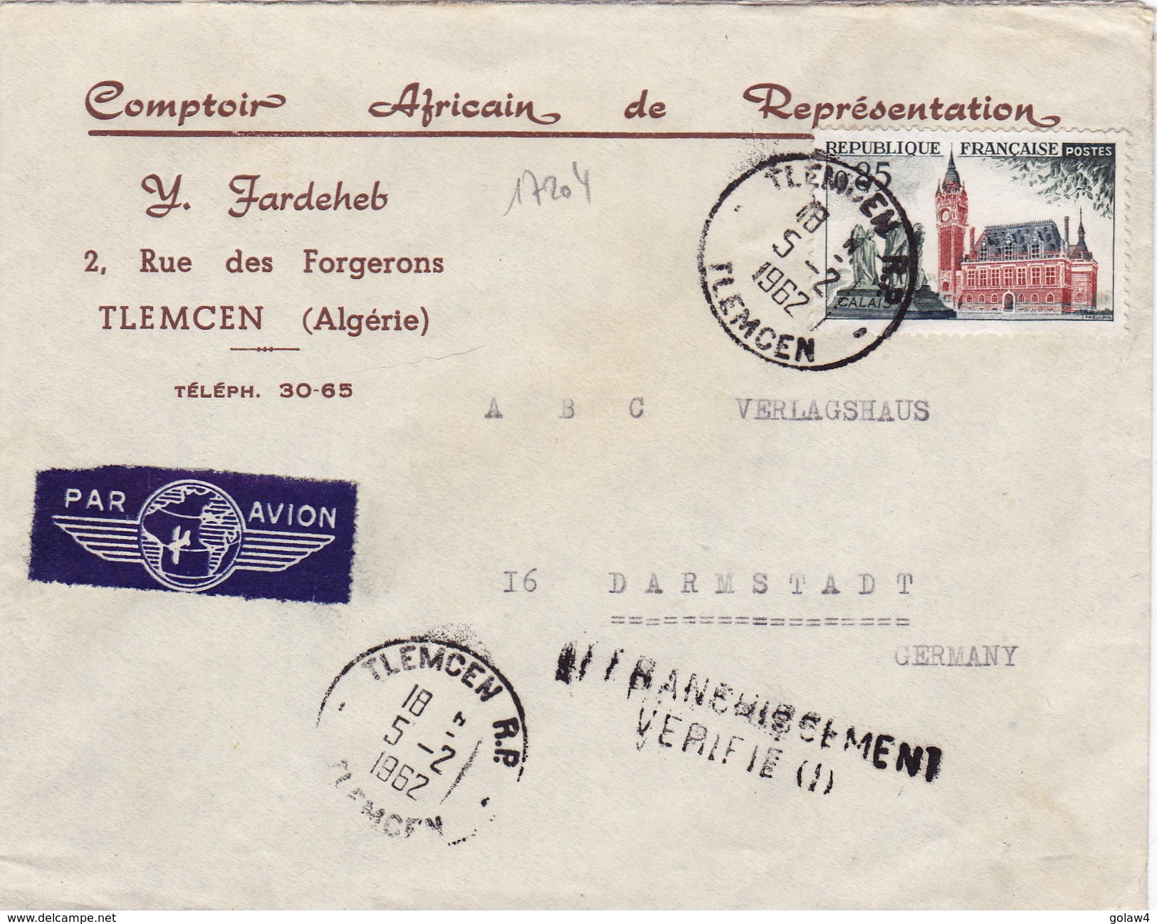 17204# CALAIS LETTRE PAR AVION COMPTOIR AFRICAIN DE REPRESENTATION Obl TLEMCEN 1962 DARMSTADT ALLEMAGNE GERMANY - Storia Postale