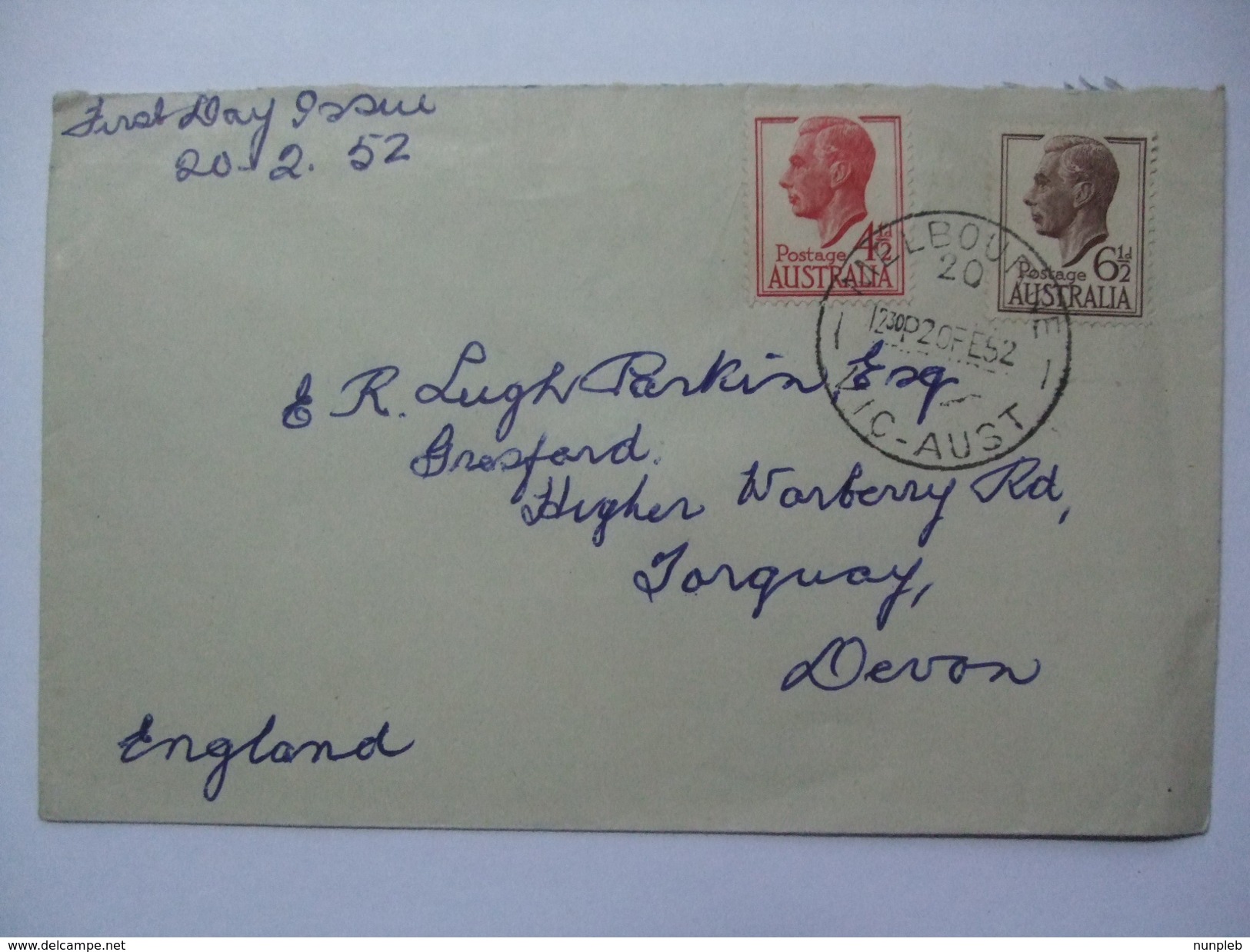 AUSTRALIA GEORGE VI 1952 41/2d & 51/2d FDC SENT TO ENGLAND - Huddart Parker Line Envelope - Storia Postale