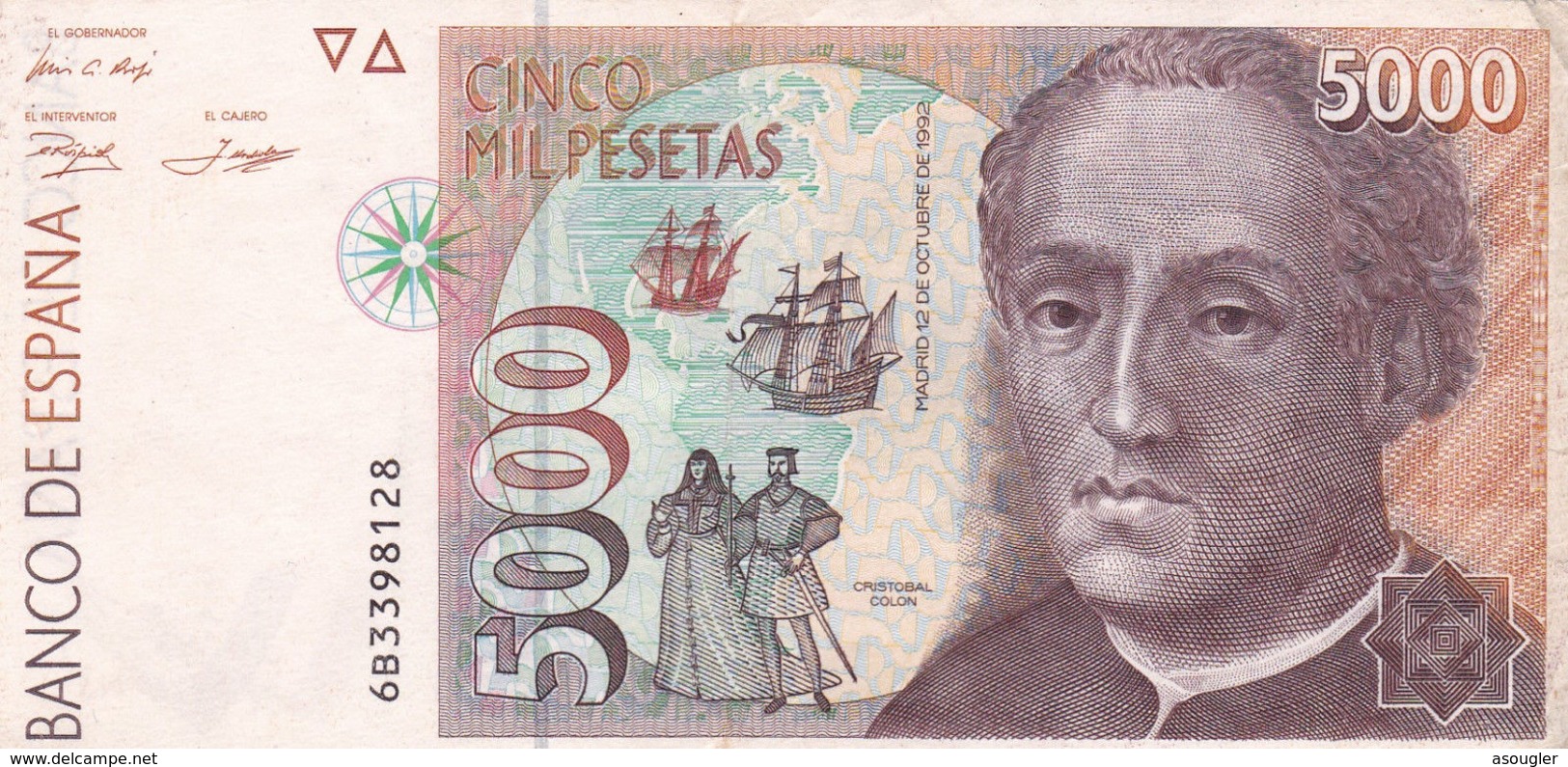 SPAIN 5000 PESETAS 12.10. 1992 (1996) VF P-165 "free Shiping Via Registered Air Mail" - [ 4] 1975-… : Juan Carlos I