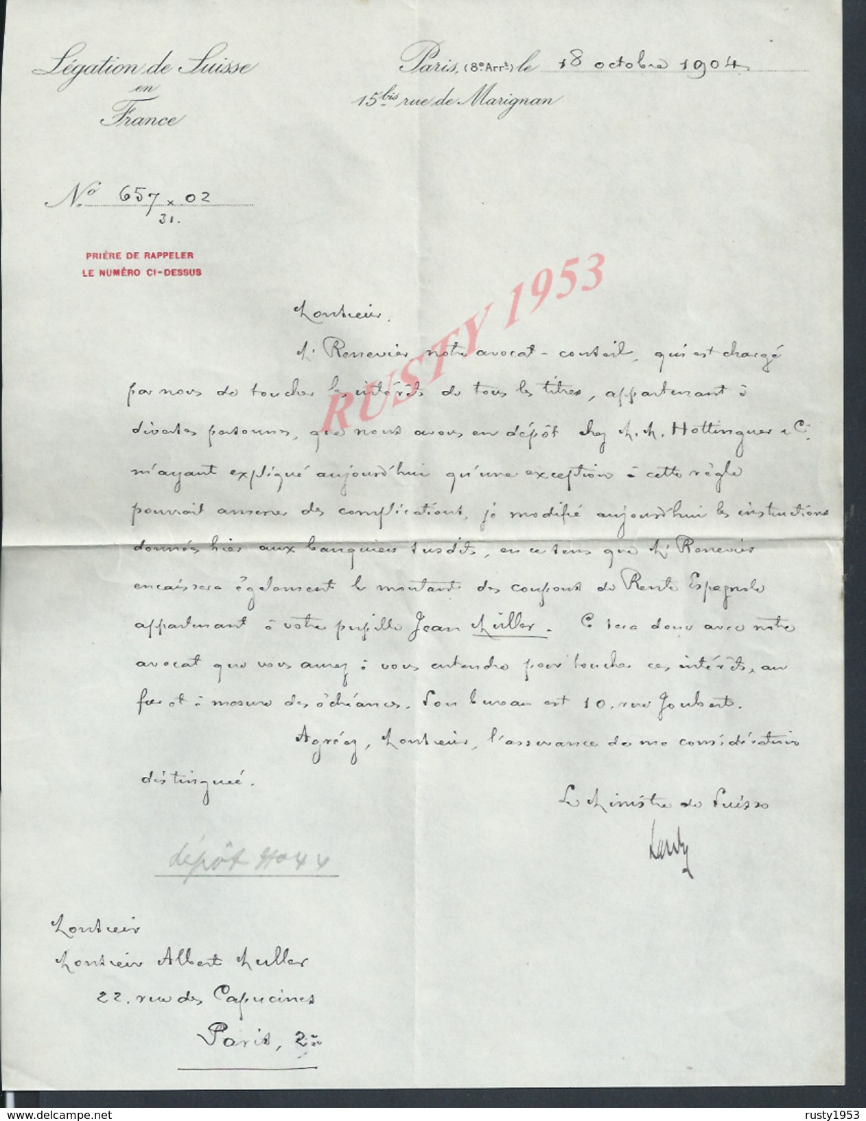 LETTRE AVEC CACHET DELÉGATION DE SUISSE EN FRANCE PARIS 1904 SIGNÉ LE MINISTRE DE SUISSE CH. LARDY  : - Suisse