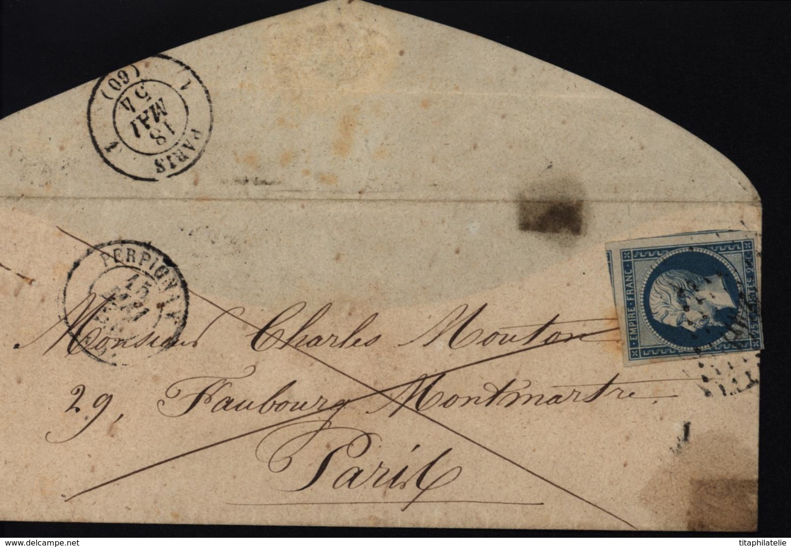 France YT 15 Empire Non Dentelé Timbre Seul S Lettre Cote 600 Euros CAD 15 MAI 54 Perpignan Pour Paris PC Petit Chiffre - 1849-1876: Période Classique