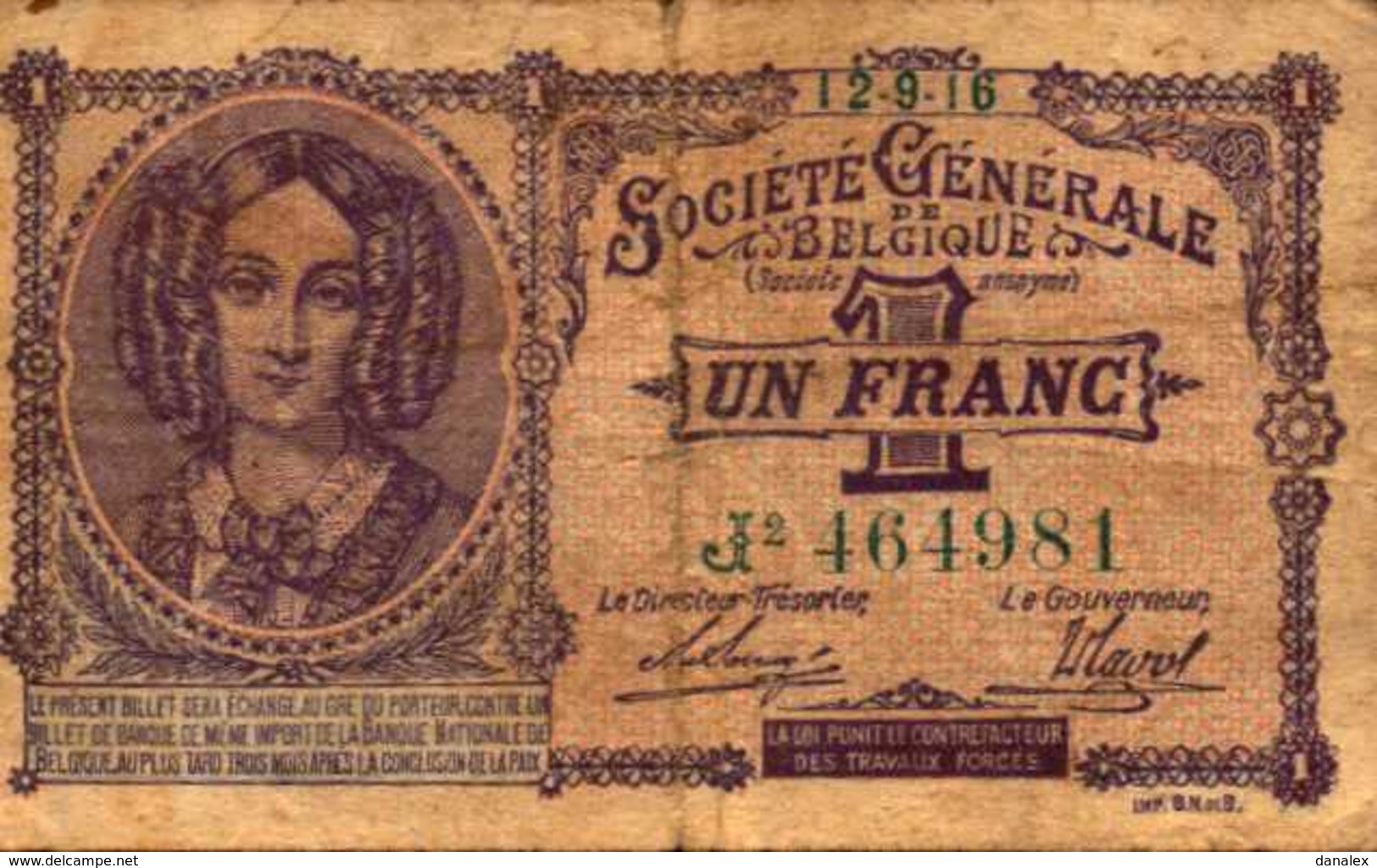 BELGIQUE  1 FRANC Du 12-9-1916  Pick 86b - 1 Franc