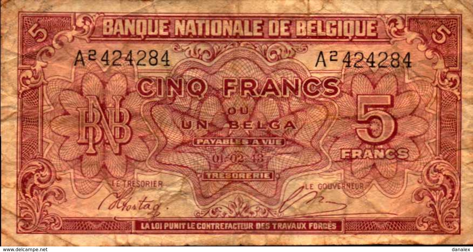 BELGIQUE  5 FRANCS  Du 1-2-1943  Pick 121 - 5 Francs-1 Belga