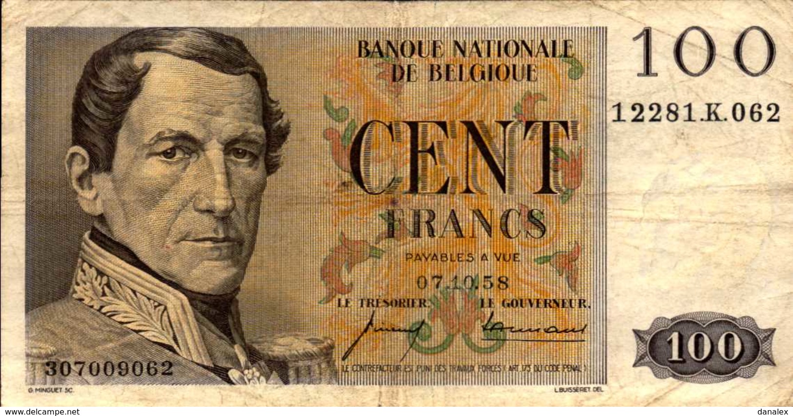 BELGIQUE  100 FRANCS  Du 7-10-1958  Pick 129c - 100 Francs