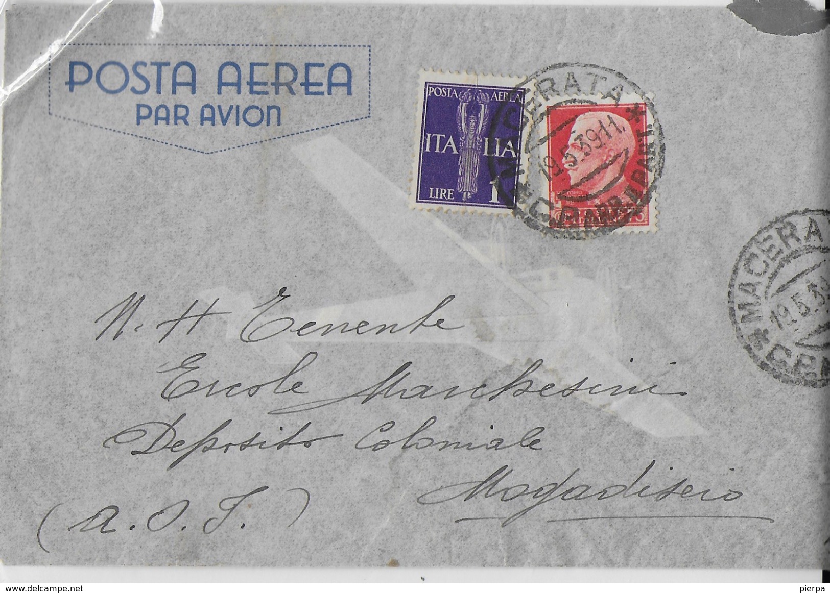 STORIA POSTALE REGNO - BUSTA DIRETTA A MILITARE DI STANZA A MOGADISCIO 1939 PER VIA AEREA - Marcophilie (Avions)