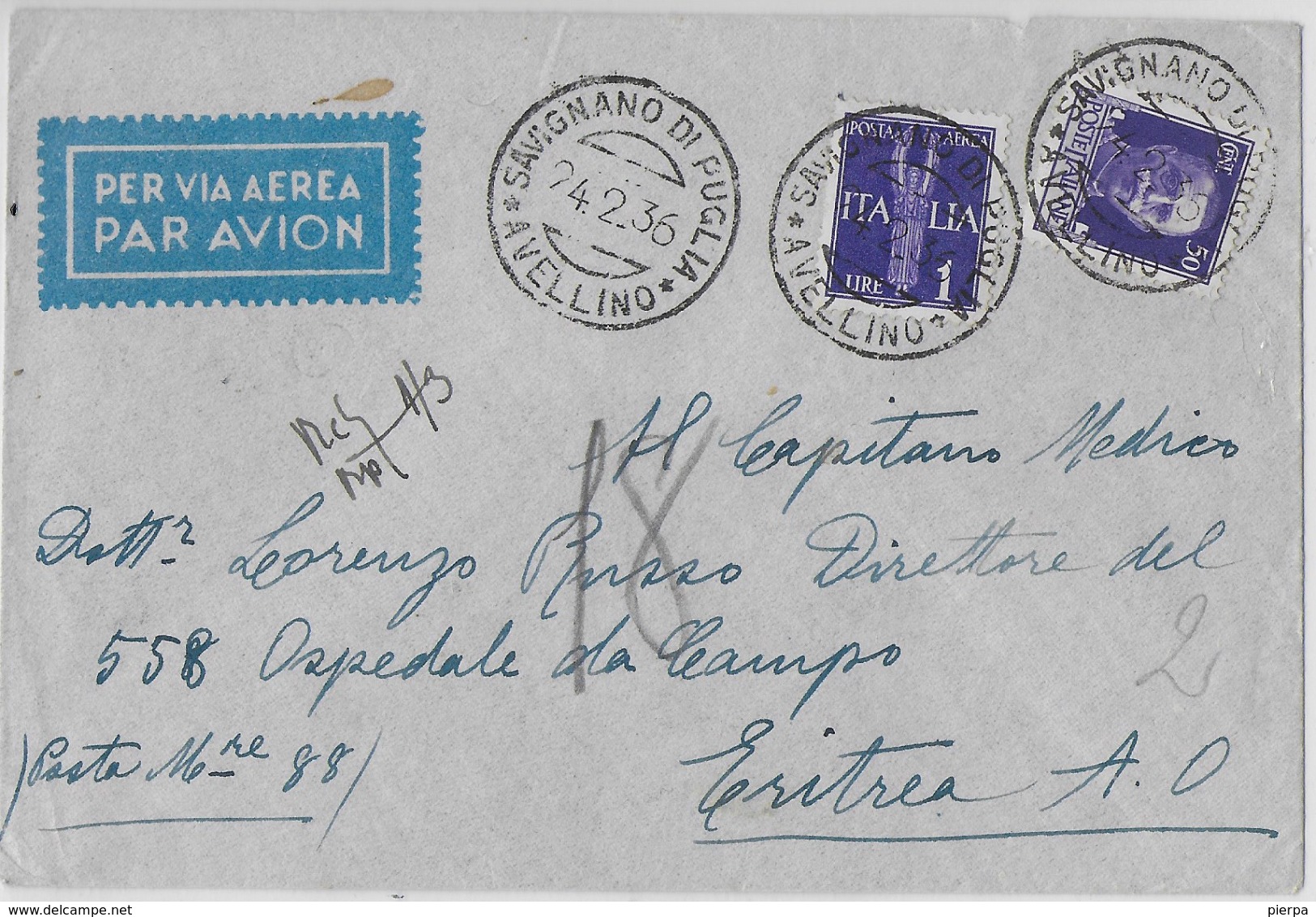 STORIA POSTALE REGNO - BUSTA DIRETTA A MILITARE IN ERITREA 1936 PER VIA AEREA - Marcophilie (Avions)