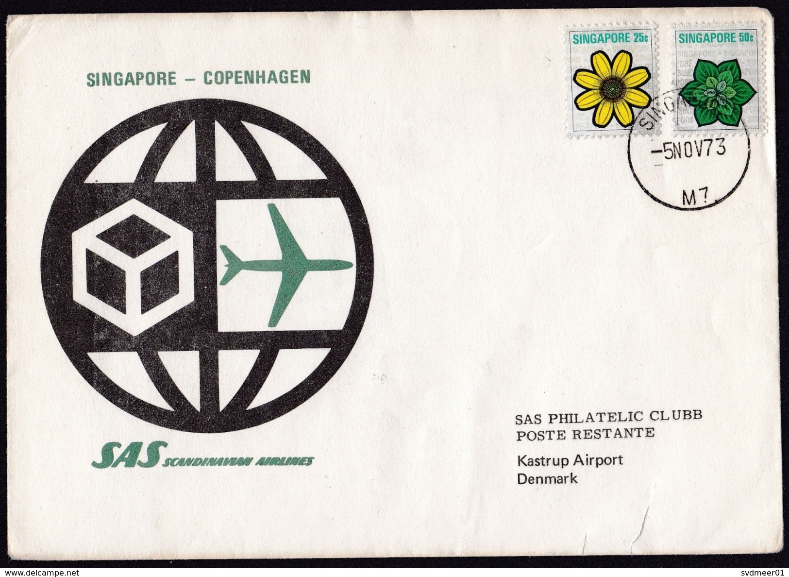 Singapore: Special Flight Cover To Denmark, 1973, 2 Stamps, Flower, SAS Singapore-Copenhagen (minor Damage) - Singapore (1959-...)