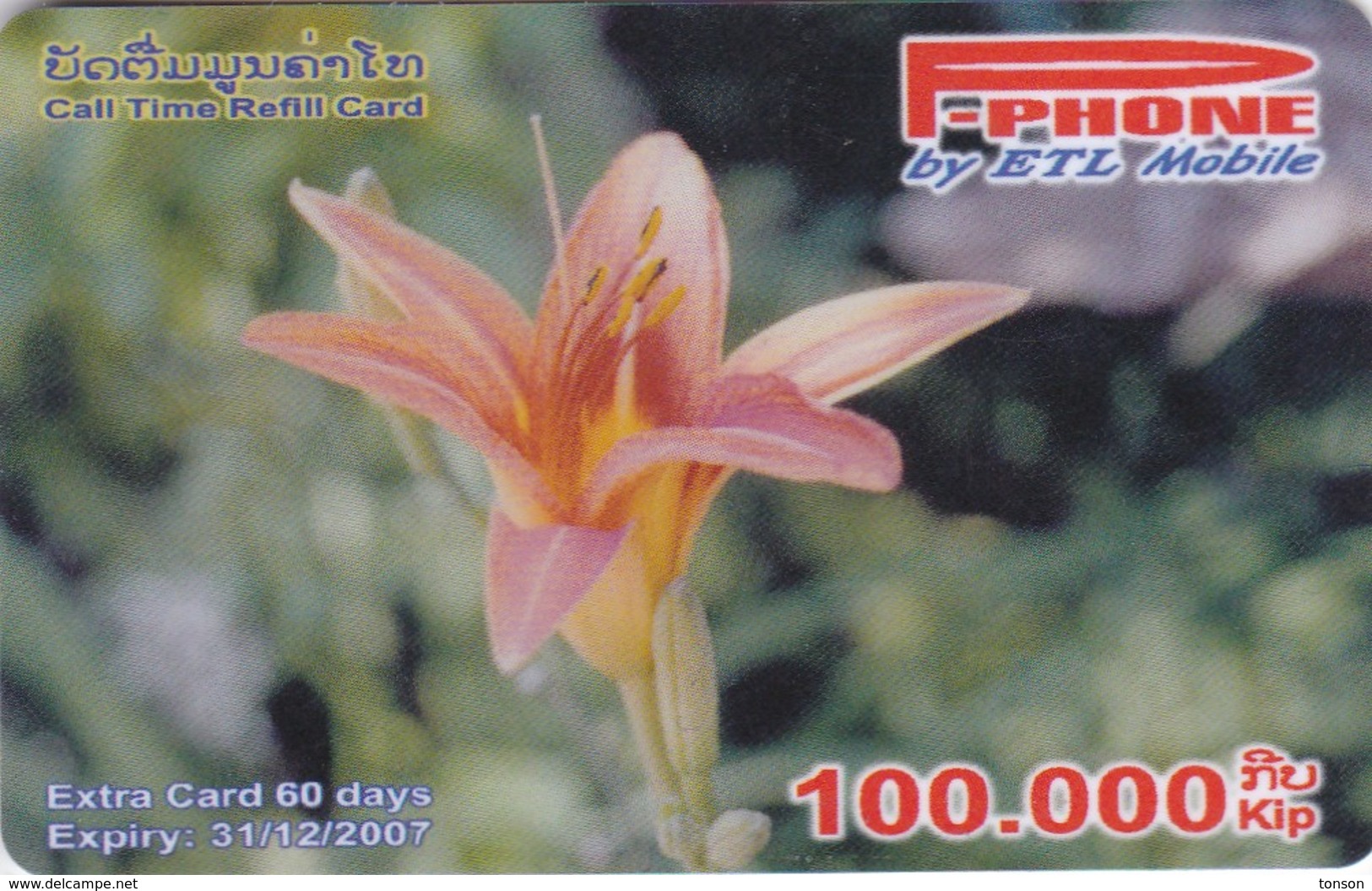 Laos, P-052, 100.000 Kip, P-Phone, Call Time Refill Card, Flower, Orchid ?, 2 Scans. - Laos