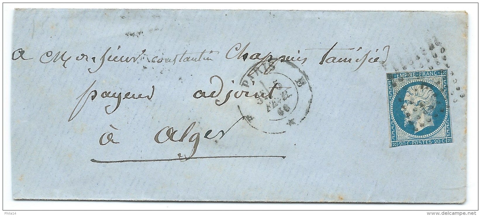 N° 14 NAPOLEON BLEU NON DENTELE / PARIS POUR ALGER 1860 - 1849-1876: Période Classique