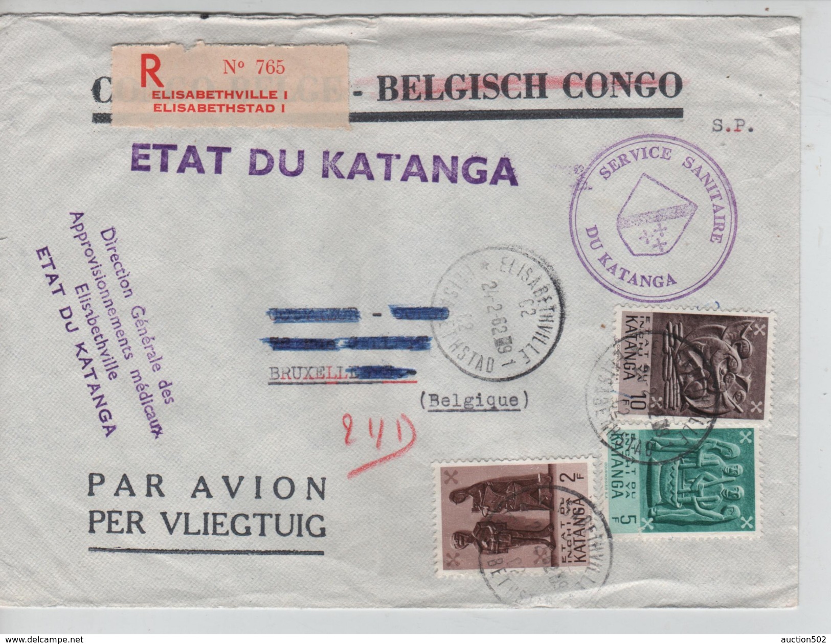 TP 56-58-62 Griffe Etat Du Katanga S/L.recommandée Avion Service Sanitaire Elisabetville 24/2/1962 V.BXL PR3915 - Katanga