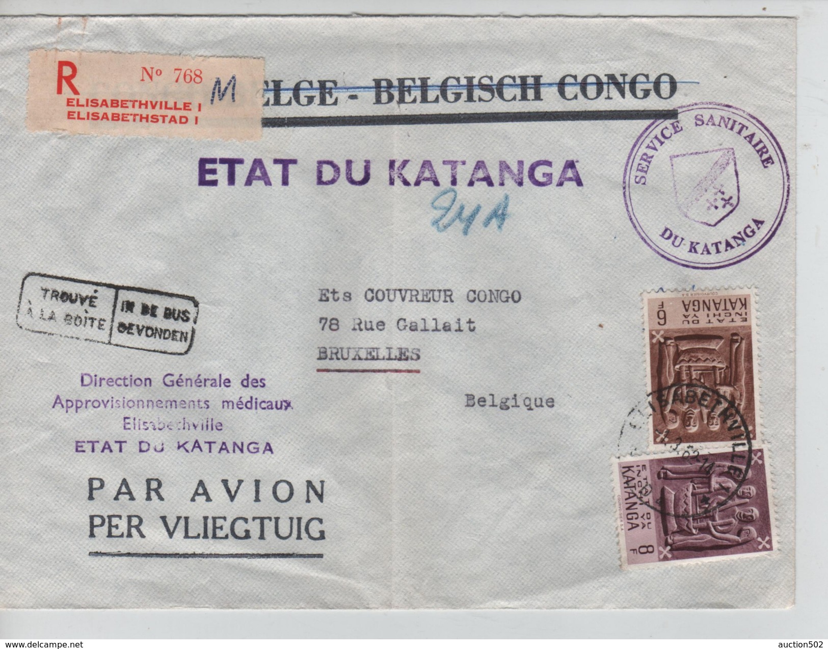 TP 59-61 Griffe Etat Du Katanga S/L.recommandée Elisabethville 1/3/62 V.Bruxelles PR3916 - Katanga