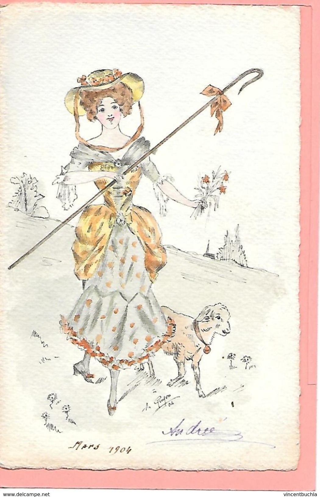 Carte Postale Dessinée à La Main, Original Représentant Une Femme Avec Mouton, Colorisée Précurseur Signé A. Guyon - Donne