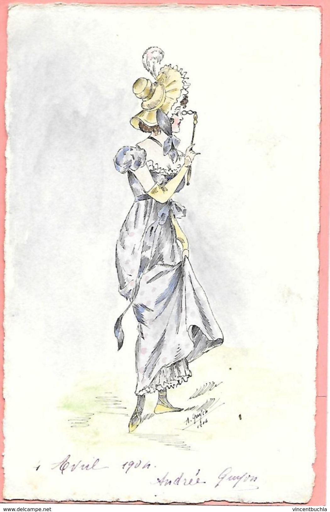 Carte Postale Dessinée à La Main, Original Représentant Une Femme En Tenue, Colorisée Précurseur Signé A. Guyon - Donne