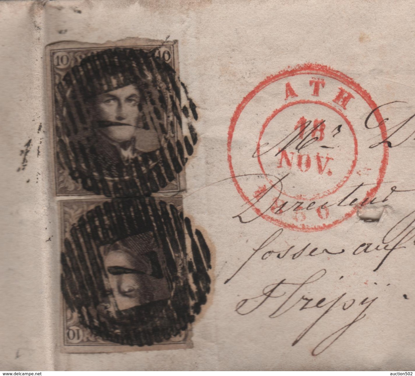 TP 3(2) S/LAC Daté De Arbre Obl.à Barre 7 C.Ath 18/11/1850 V.Strépy Bacquegnies C.d'arrive Le Roeulx 19/11/1850 PR3917 - Postmarks - Lines: Perceptions