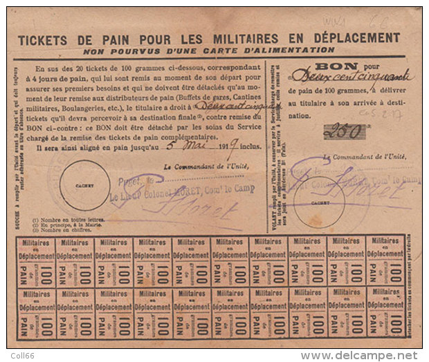 Ww1 Ticket De Pain Pour Militaires En Déplacement 1919 Puget Le Camp Colonel Moret 19x15.8cm Dos Scanné - 1914-18