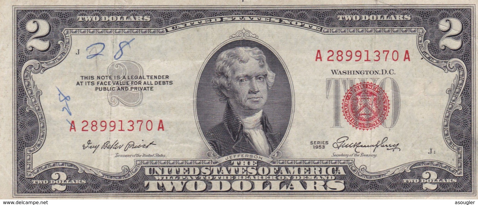 USA 2 $ DOLLARS 1953 RED SEAL NOTE F-VF - Billetes De Estados Unidos (1928-1953)