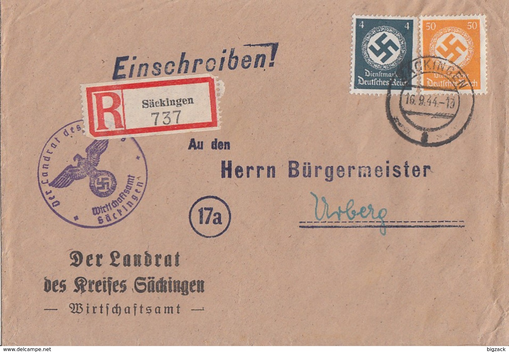 DR Dienst R-Brief Mif Minr.D143, D167 Säckingen 16.9.44 - Dienstmarken