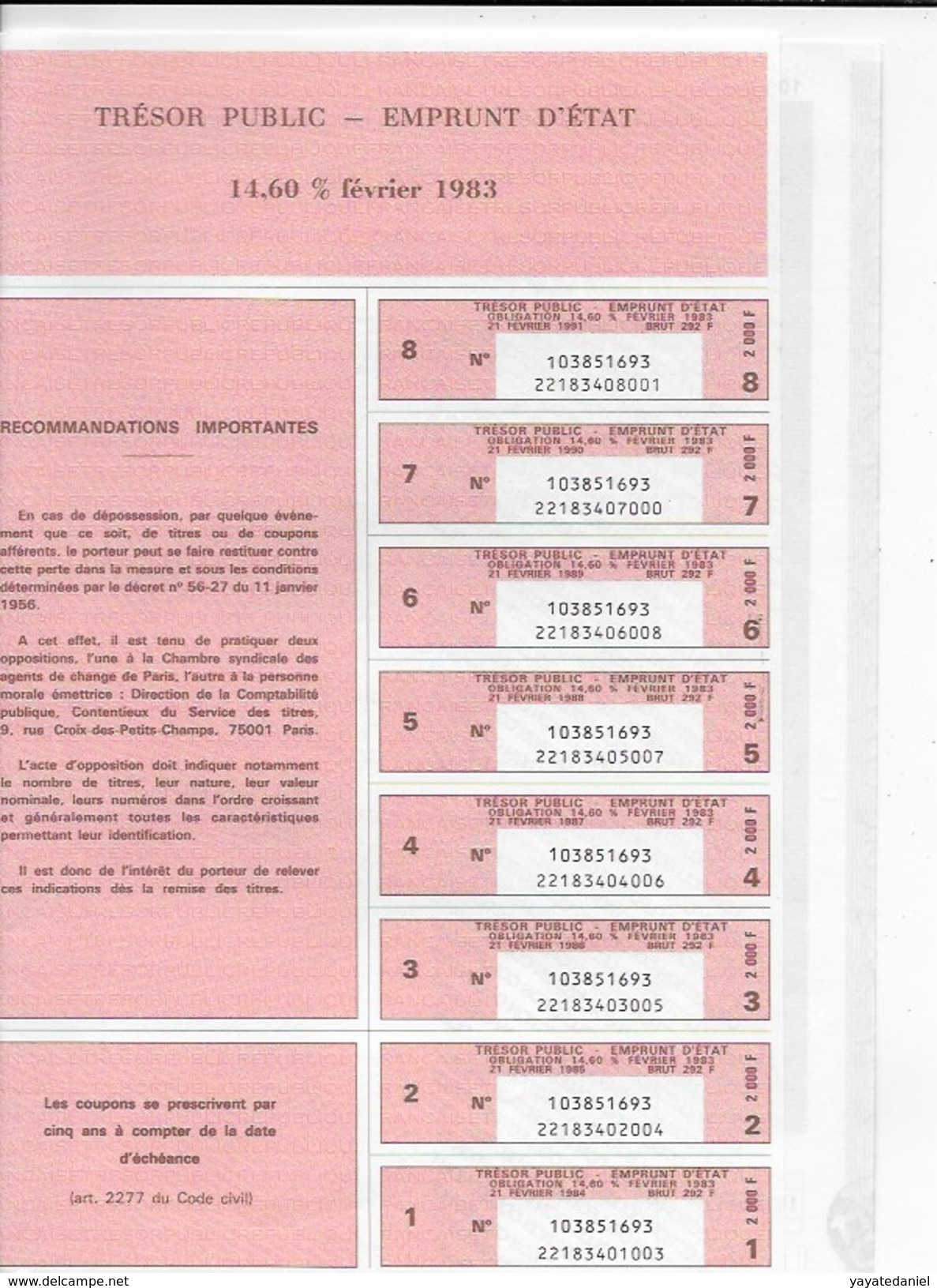 EMPRUNT D'ETAT Fevrier 1983 De 2000 Francs à 14,60 % - Other & Unclassified