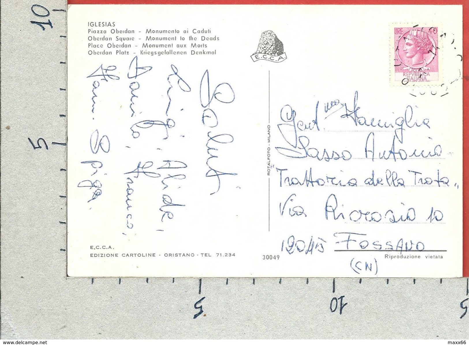 CARTOLINA VG ITALIA - IGLESIAS (CI) - Piazza Oberdan - Monumento Ai Caduti - 10 X 15 - ANN. 1974 - Iglesias