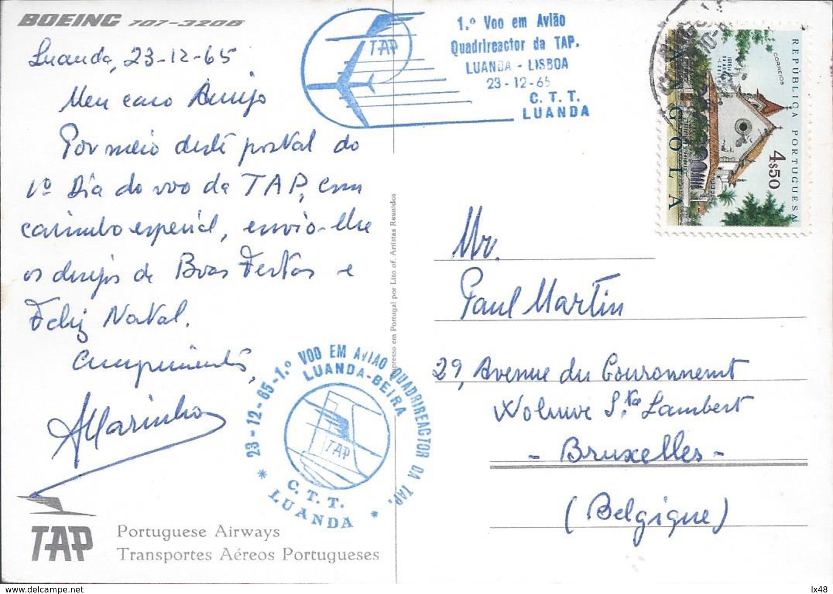 TAP Quadri-reactor Airplane. Two 1º Flight Luanda-Beira And Luanda-Lisbon 23/12/1965. Stamp Church Lobito, Angola. Rar - Lettres & Documents