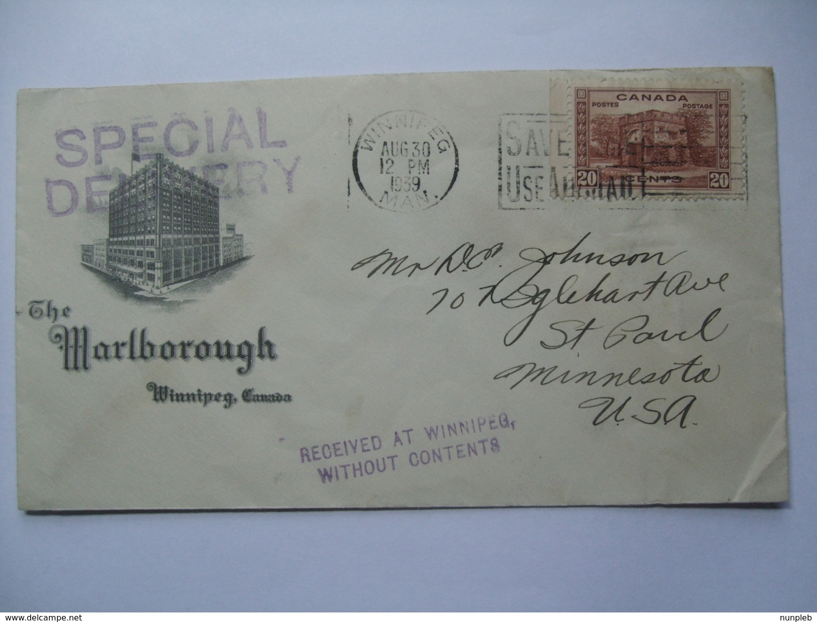 CANADA 1939 SPECIAL DELIVERY WINNIPEG / MINNESOTA USA SAINT PAUL MARK + RECEIVED AT WINNIPEG WITHOUT CONTENTS CACHET - Briefe U. Dokumente