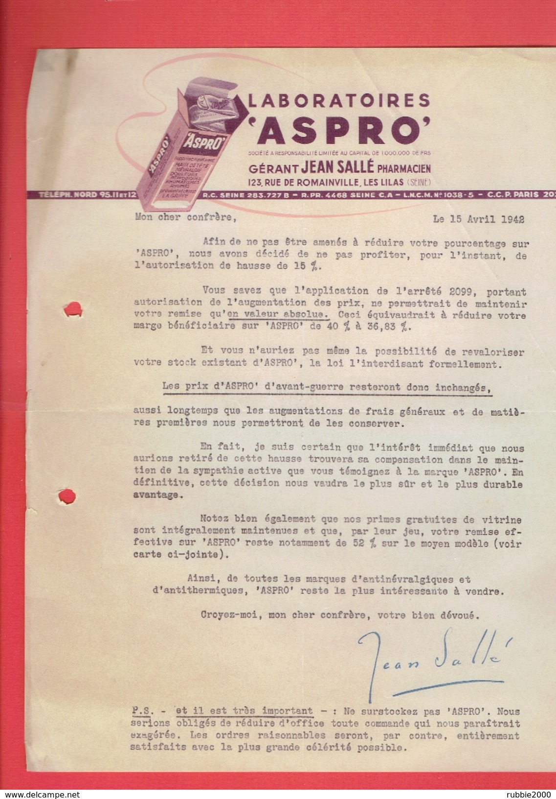 FACTURE 1942 LABORATOIRES ASPRO 123 RUE DE ROMAINVILLE A LES LILAS SEINE SAINT DENIS JEAN SALLE PHARMACIEN - 1900 – 1949