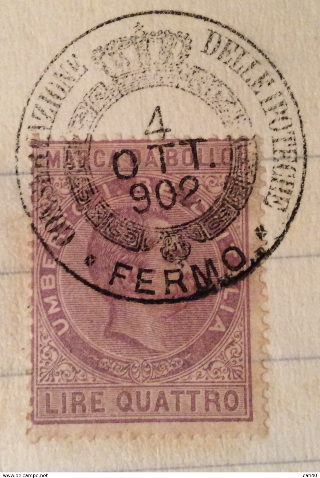 MARCA DA BOLLO UMBERTO LIRE QUATTRO SU DOCUMENTO COMPLETO FERMO 4/10/1902 R - Fiscale Zegels