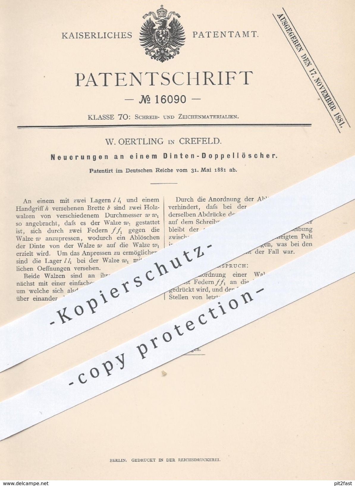 Original Patent - W. Oertling , Krefeld , 1881 , Tintenlöscher | Tinte , Walze , Löschwalze , Schreibmaterial , Papier ! - Historische Dokumente