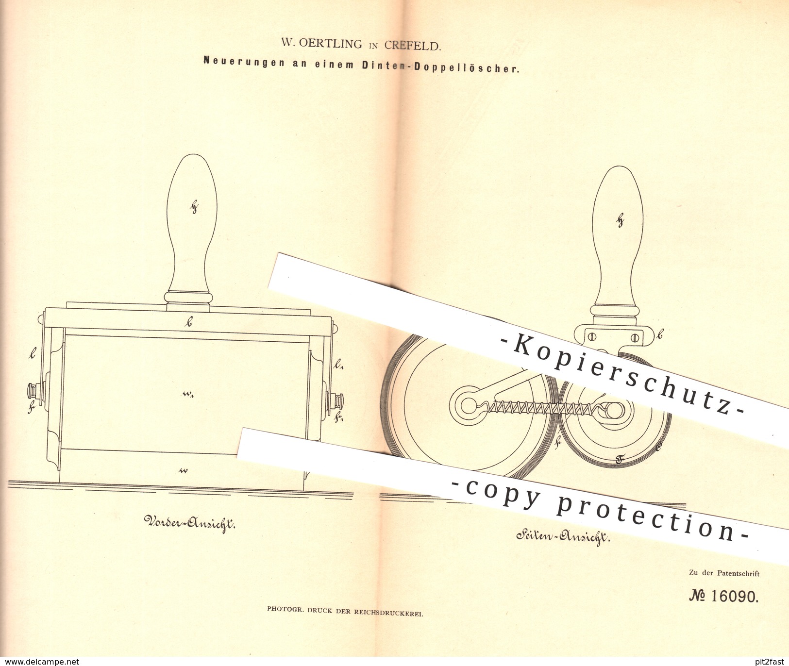 Original Patent - W. Oertling , Krefeld , 1881 , Tintenlöscher | Tinte , Walze , Löschwalze , Schreibmaterial , Papier ! - Historische Dokumente