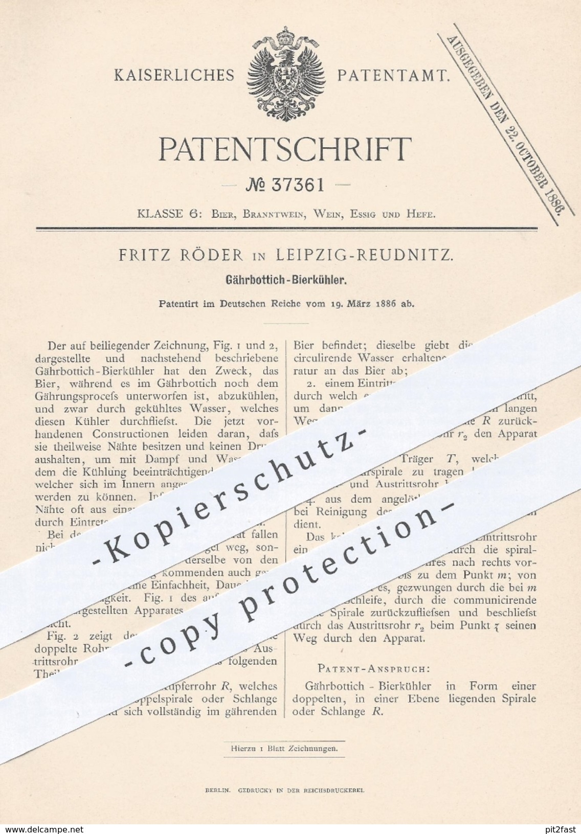 Original Patent - Fritz Röder , Leipzig / Reudnitz  1886 , Gährbottich - Bierkühler | Kühler , Brauerei , Bier , Gährung - Historische Dokumente